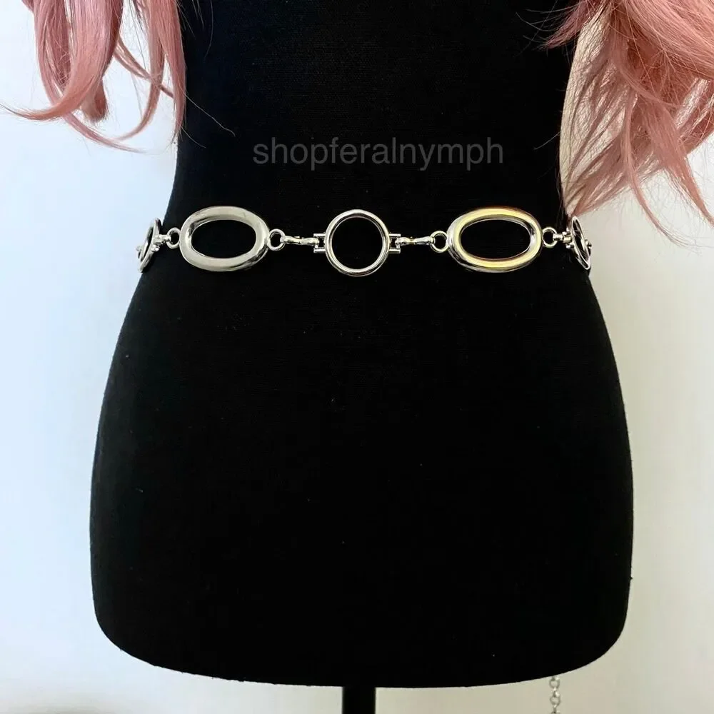 Silver Y2K Oval Open Ring Chain Belt, Fits 26-44 Inches, X7GA1286